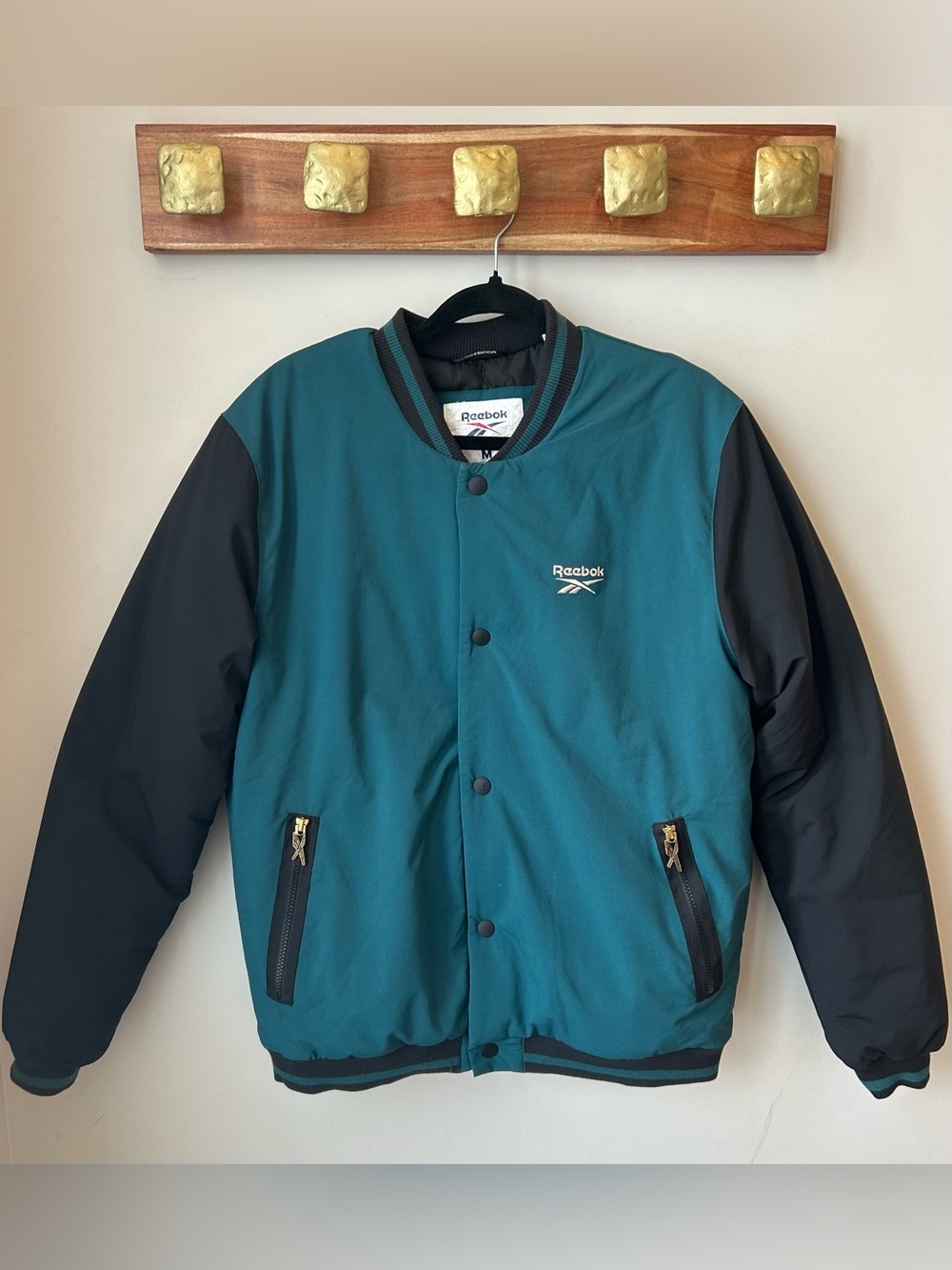 Reebok Varsity Bomber Jacket Y2K Athleisure Streetwear Teal Black Size Medium